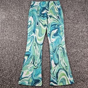 Y2K Kollyy Womens Sz M Bellbottom Pants Green Blue Marbled Swirl NEW